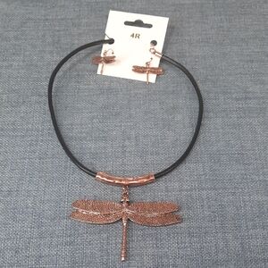 Dragonfly Pendant Necklace Dangle Earring Set Black Leather Cording NWT
